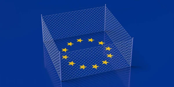 EU closed borders concept. European Union flag behind steel mesh wire fence. COVID 19 pandemic quarantine, 3d illustration
