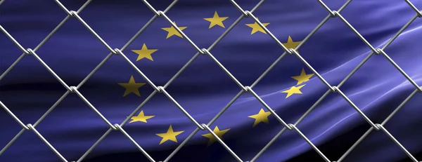 EU closed borders concept. European Union flag behind steel mesh wire fence. COVID 19 pandemic quarantine, 3d illustration