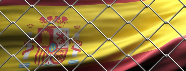 Spain Closed Borders Concept Spanish Flag Steel Mesh Wire Fence — Stock Photo, Image