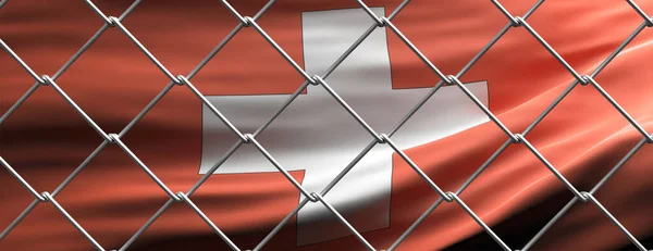 Швейцарія Закрила Межі Швейцарський Прапор Сталевим Парканом Сітки Covid Пандемія — стокове фото