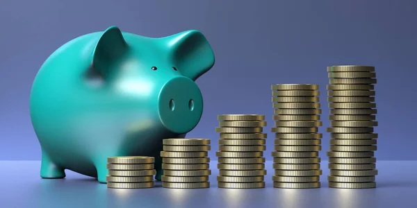 Sparschwein Und Goldmünzen Gestapelt Auf Blauem Hintergrund Geldmengenwachstum Sparkonzept Illustration — Stockfoto