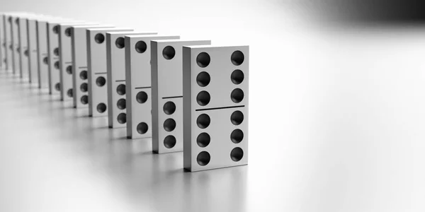 Domino Piastrelle Piedi Una Linea Sfondo Bianco Strategia Aziendale Equilibrio — Foto Stock