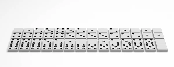 Dominoes tiles set. Domino game blocks white color with black dots isolated against white background. Business domino effect concept. 3d illustration