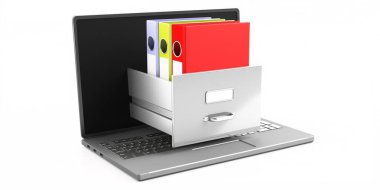 Çevrimiçi ofis dosyaları, belge veri arşivi depolama. Bilgisayar dizüstü bilgisayarı beyaz arkaplanda izole edildi. Dijital iş idaresi kavramı. 3d illüstrasyon