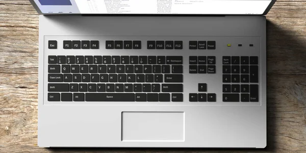 Laptop Offen Draufsicht Auf Holz Computertastaturansicht Von Oben Hintergrund Schreibtischbüro — Stockfoto