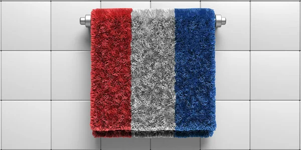 Bandeira Holanda Toalha Banho Pendurada Fundo Parede Telha Branca Sanitária — Fotografia de Stock