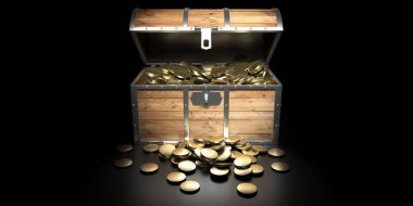 Siyah arka planda altından yapılmış hazine sandığı. Altın sikkelerle dolu kapağı açık eski tahta bir sandık. 3d illüstrasyon