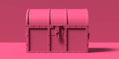 Hazine göğüs monokromu, pembe arka plana karşı pembe renk. Kapağı kapalı eski ahşap bir sandık. Vintage kutu, kilitli ve güvenli. 3d illüstrasyon