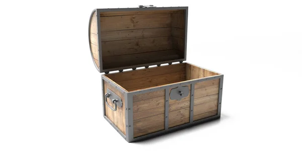 stock image Treasure chest isolated against white background. Old wooden trunk empty with open lid. 3d illustration