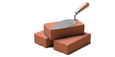 Masonluk konsepti. Kahverengi seramik tuğlaların üzerine ahşap saplı metal mala el aleti beyaz arka planda izole edilmiş. Tuğla yapımı için hazırlanıyor. 3d illüstrasyon