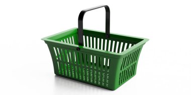 Alışveriş malzemeleri konsepti. Beyaz arka planda izole edilmiş yeşil boş alışveriş sepeti. 3d illüstrasyon