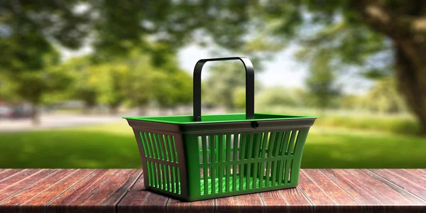 Fresh Bio Groceries Shopping Concept Green Empty Shopping Basket Blur — Stock Photo, Image