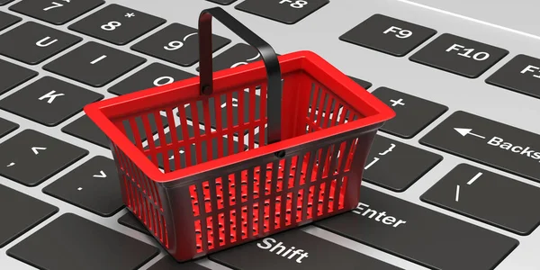 Boodschappen Online Commerce Concept Rode Kleur Leeg Winkelmandje Een Laptop — Stockfoto