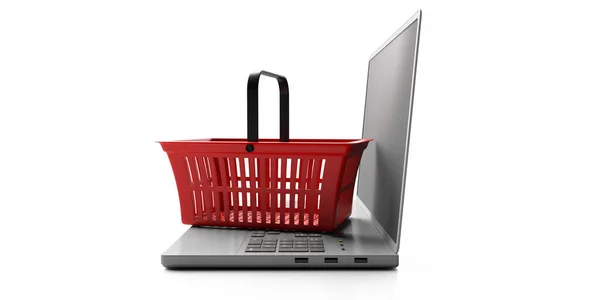 買い物食料品をオンラインで Eコマースの概念 白い背景に対して隔離されたラップトップコンピュータ上の赤い空のショッピングバスケット 3Dイラスト — ストック写真