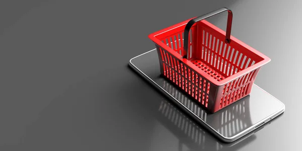 Boodschappen Online Commerce Concept Rood Leeg Winkelmandje Een Mobiele Smartphone — Stockfoto
