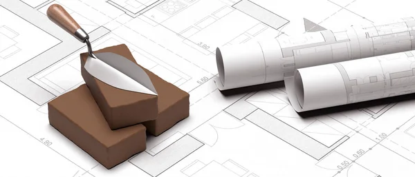 レンガ造りの石積み建築設計コンセプト 設計図の背景に金属製の石積みのトロールと茶色のレンガ 3Dイラスト — ストック写真