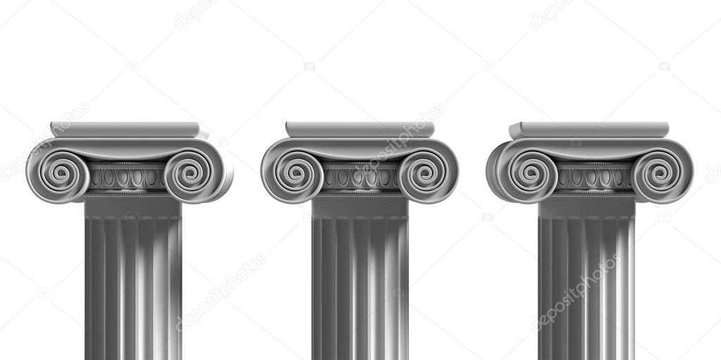 Pillars pedestals, ancient greek stone marble, three ionic style column part isolated against white color background, Presentation ad template. 3d illustration
