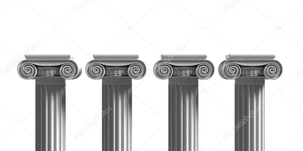 Pillars pedestals, ancient greek stone marble, four ionic style column part isolated against white color background, Presentation ad template. 3d illustration