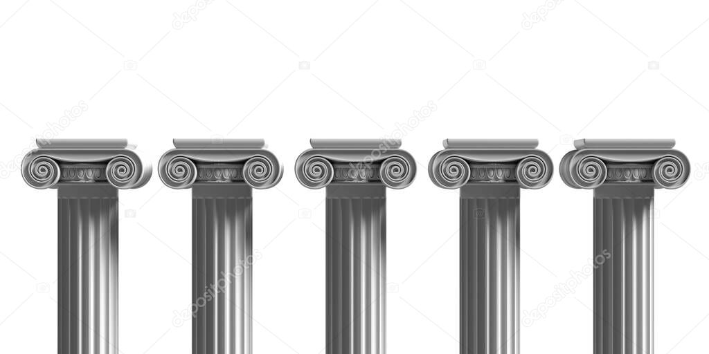 Pillars pedestals, ancient greek stone marble, four ionic style column part isolated against white color background, Presentation ad template. 3d illustration