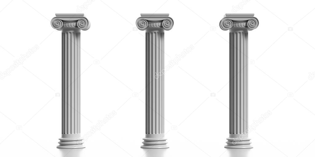 Pillars columns ancient greek stone marble, three ionic style pedestals, isolated against white color background, vertical. 3d illustration