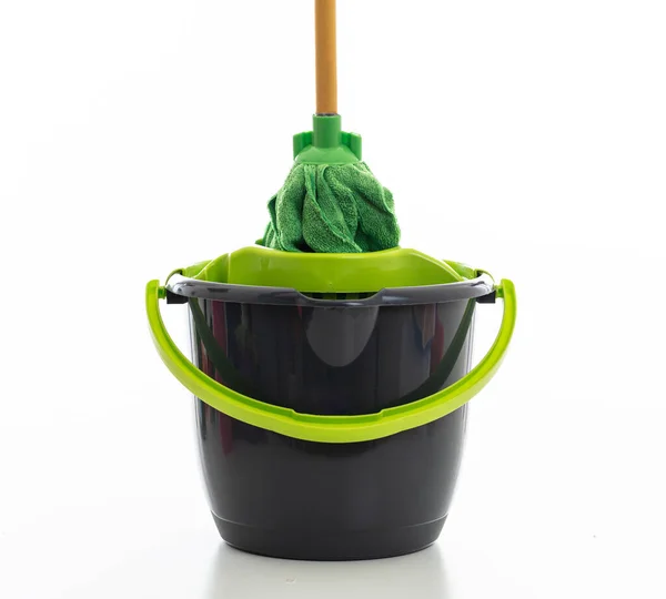 Cleaning Mop Bucket Green Black Color Isolated White Background Domestic — 스톡 사진