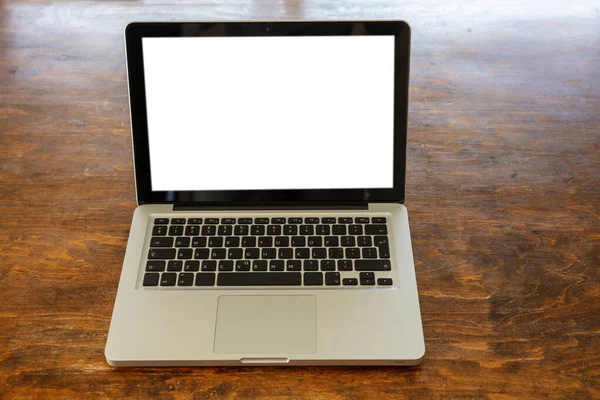 Computerbildschirm Attrappe Laptop Mit Weißem Bildschirm Auf Holzschreibtisch Home Office — Stockfoto