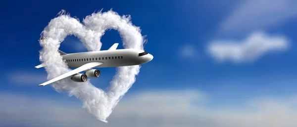 Oneymoon Viagens Aéreas Conceito Férias Amor Coração Nuvem Avião Céu — Fotografia de Stock