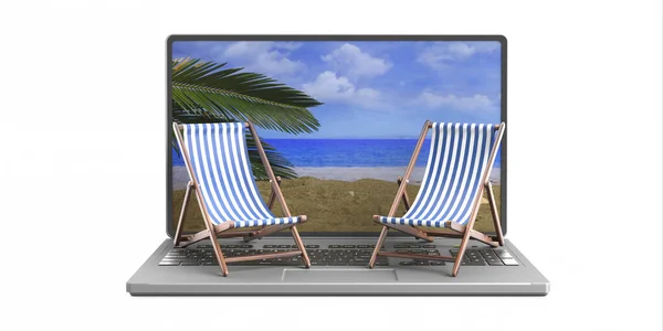 Plánování Letních Prázdnin Dovolená Pláži Palandy Počítačovém Notebooku Izolované Bílém — Stock fotografie