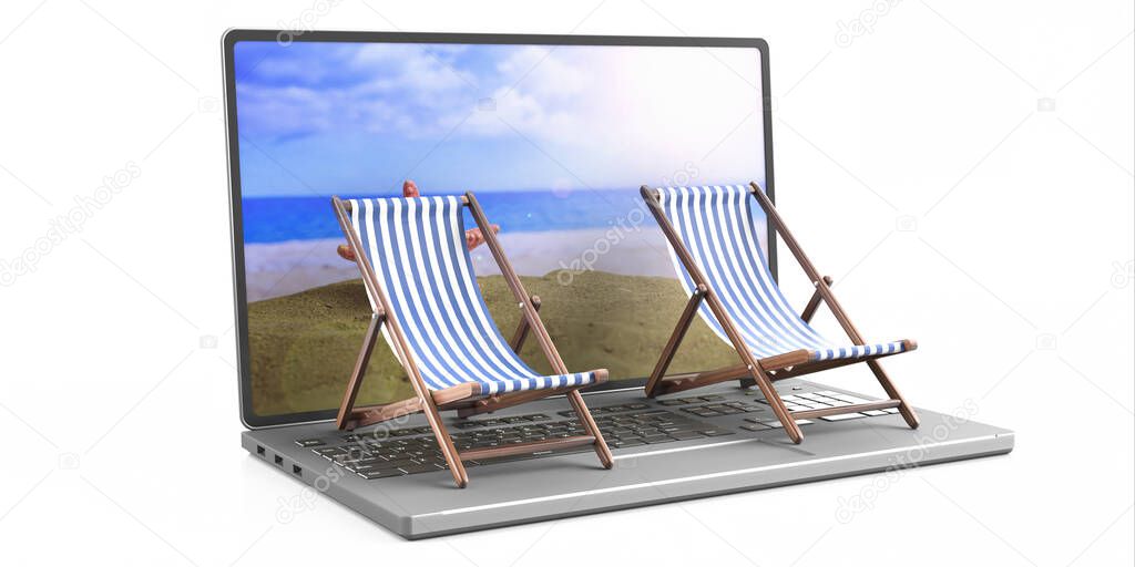 Summer holidays planning, vacation on the beach. Deckchairs on a computer laptop isolated against white background. 3d illustration