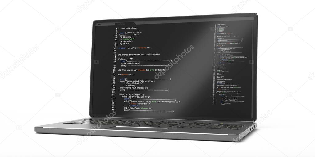 Programming code, software, developing coding technologies concept. Code on a computer laptop screen isolated against white background, closeup view. 3d illustration