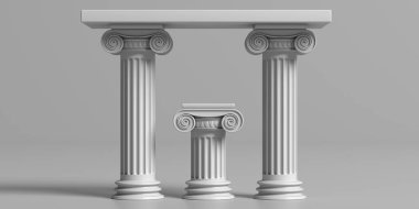 Gri arka planda mermer sütunlu antik Yunan sunak masası. Ön manzara. 3d illüstrasyon