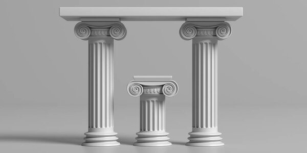 Ancient greek altar table with marble pillar columns, against gray background. Front view. 3d illustration