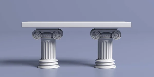 Mramorový Stůl Sloupy Klasický Starověký Řek Modrém Pozadí Prázdná Šablona — Stock fotografie