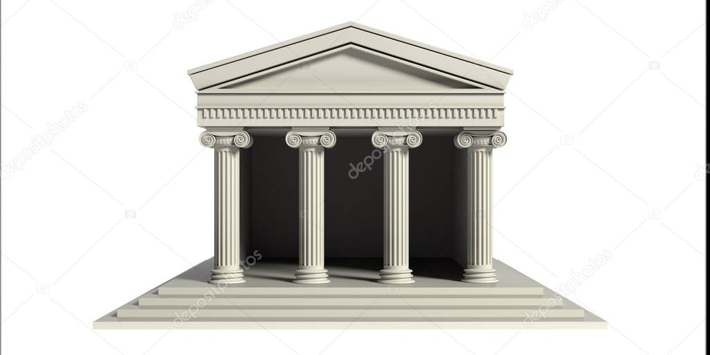 Ancient greek temple with four marble columns, pediment and stairs isolated cutout on white background. Museum, bank, justice building. 3d illustration