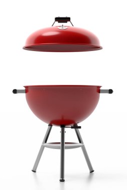 Barbekü ızgarası. Barbekü kırmızısı, kapağı beyaz arka planda izole edilmiş. Mangal için taşınabilir aletler, yiyeceğin için boş yer. 3d illüstrasyon