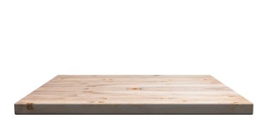 Boş ahşap raf beyaz duvar arka planında izole edilmiş. Ürün sunumu, vitrin şablonu, perspektif görüntüsü. 3d illüstrasyon