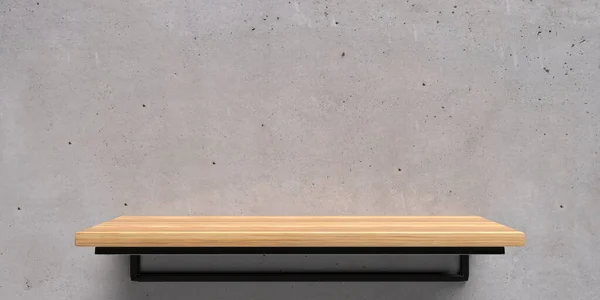 コンクリートの壁の背景に空の木製の棚 製品プレゼンテーション 広告テンプレート パースペクティブビュー 3Dイラスト — ストック写真