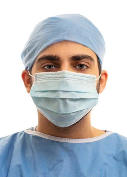 Doktor Chirurgickou Maskou Izolovanou Bílém Pozadí Ochranné Prostředky Zdravotnického Personálu — Stock fotografie