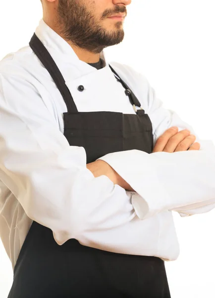 Chef Com Uniforme Branco Avental Preto Com Mãos Cruzadas Sobre — Fotografia de Stock