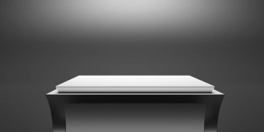 Ürün görüntüsü boş, masa şekli koyu gri, siyah renk arkaplan. Gösteri, ürün sunum şablonu. 3d illüstrasyon
