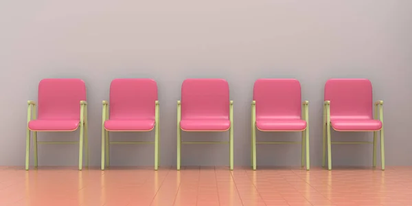 Prázdné Růžové Barvy Čekací Židle Dlážděné Podlaze Šedé Pozadí Stěny — Stock fotografie
