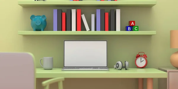 Чистый Экран Ноутбука Студенческом Столе Полки Книгами Игрушками Пастельные Цвета — стоковое фото