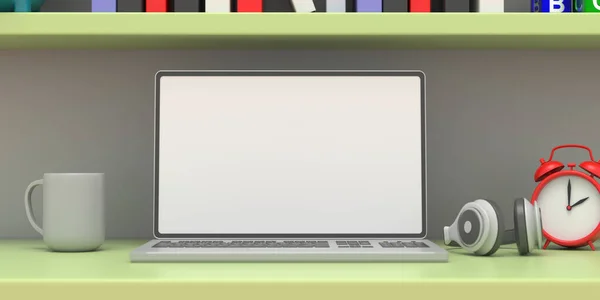 Laptop Mit Leerem Bildschirm Auf Einem Studentenschreibtisch Pastellfarben Kinderzimmer Interieur — Stockfoto