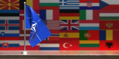Kuzey Atlantik Antlaşması Örgütü veya Kuzey Atlantik İttifakı 'nın tahta masa üzerindeki simgesi, NATO üyelerinin geçmişini bulanıklaştırıyor. 3d illüstrasyon