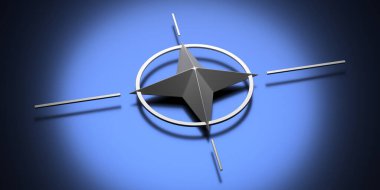 Mavi arka planda NATO rozet metali krom, Kuzey Atlantik antlaşma organizasyonu veya Kuzey Atlantik İttifakı işareti. 3d illüstrasyon