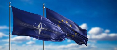 Mavi gökyüzü arka planında sallanan NATO ve AB bayrakları, Kuzey Atlantik antlaşma organizasyonu ve Avrupa Birliği ittifak anlaşması, bayrak. 3d illüstrasyon