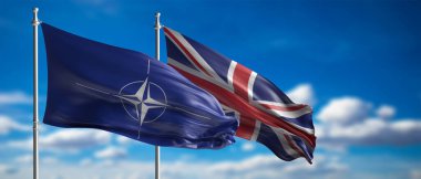 Mavi gökyüzü arka planında sallanan NATO ve İngiltere bayrakları, Kuzey Atlantik antlaşma organizasyonu ve Birleşik Krallık ittifak anlaşması, bayrak. 3d illüstrasyon