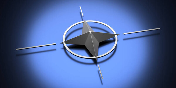 NATO badge metal chrome on blue background, North Atlantic treaty organization or North Atlantic Alliance sign symbol. 3d illustration