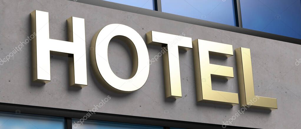 Hotel gold color sign. Shiny brass Hotel text on concrete stone background, city business hotel building facade. 3d illustration