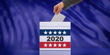 2020 Amerika seçimleri. Kadın eli, oy sandığına beyaz bir zarf sokuyor. Kırmızı mavi konteynırda 2020 numara, vatansever yıldızlar, mavi arka plan. 3d illüstrasyon